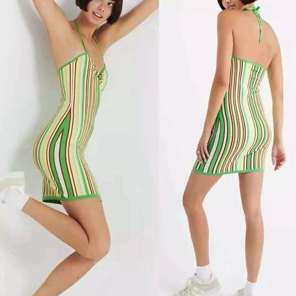 Sunday Best Aritzia Jett Stripe Halter Mini Dress S Retro Bodycon Rave Festival - Picture 3 of 10